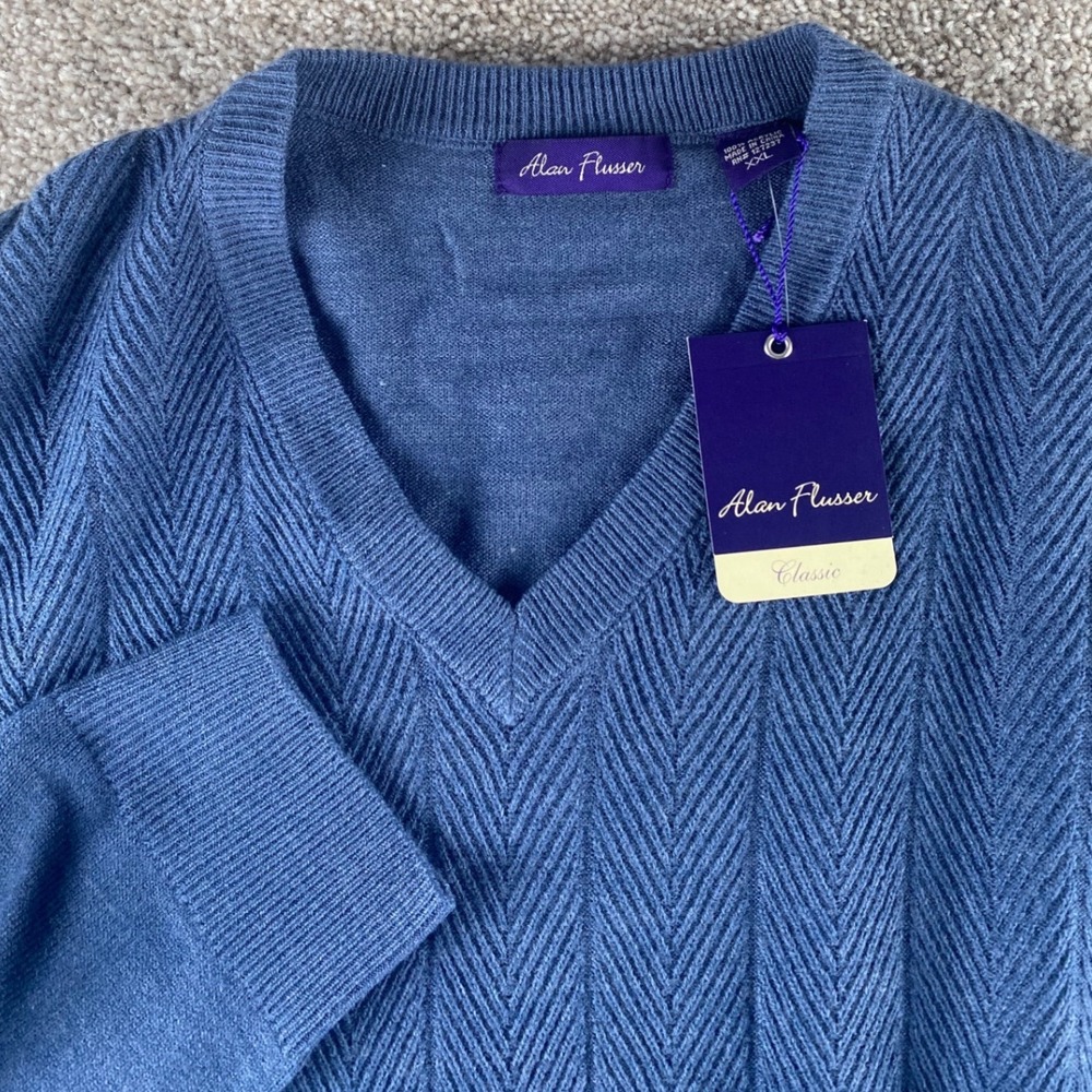 Alan Flusser Mens XXL Blue Herringbone V-Neck Sweater NWT Acrylic Pullover